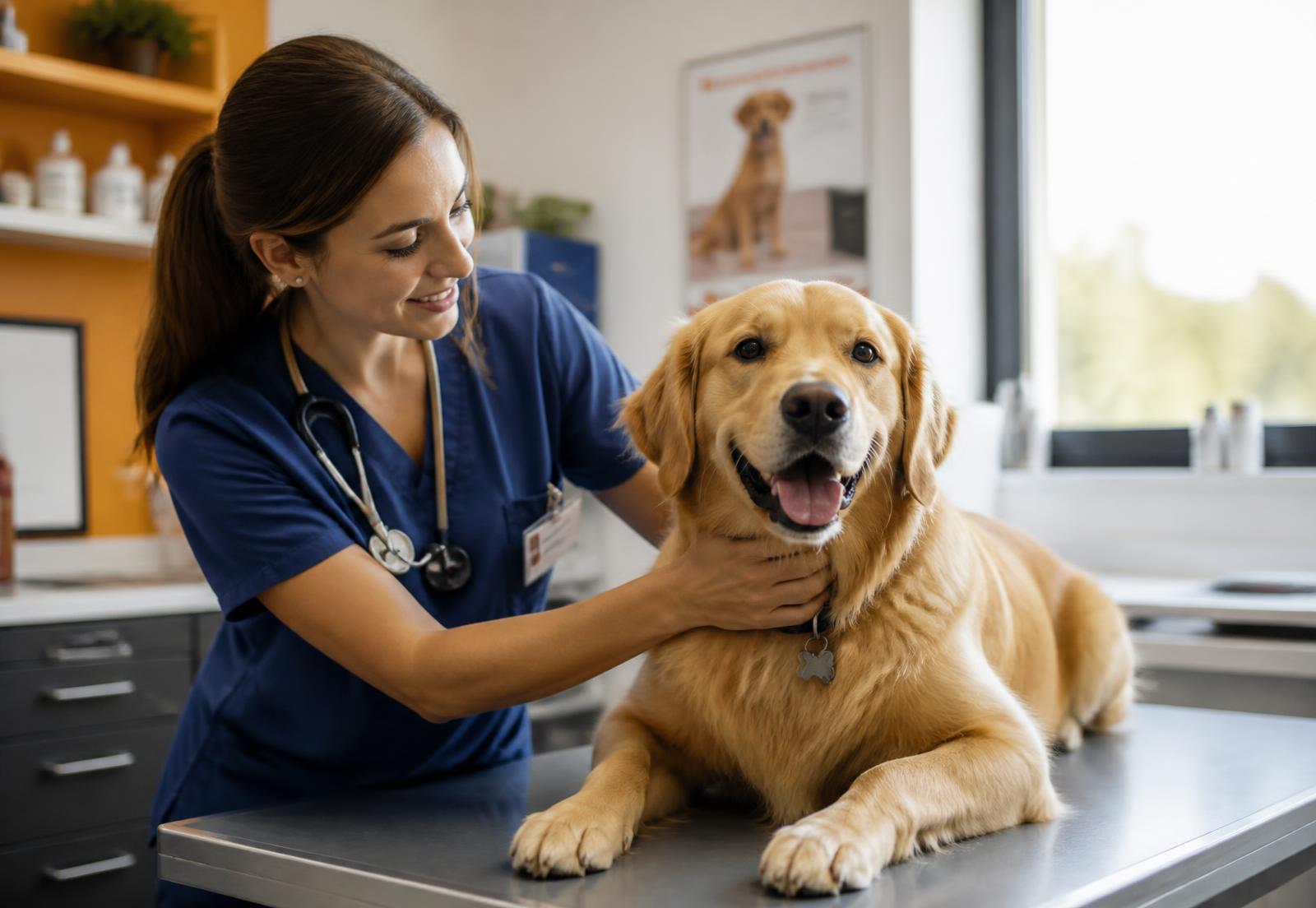 Médica veterinária a examinar um cão durante uma consulta