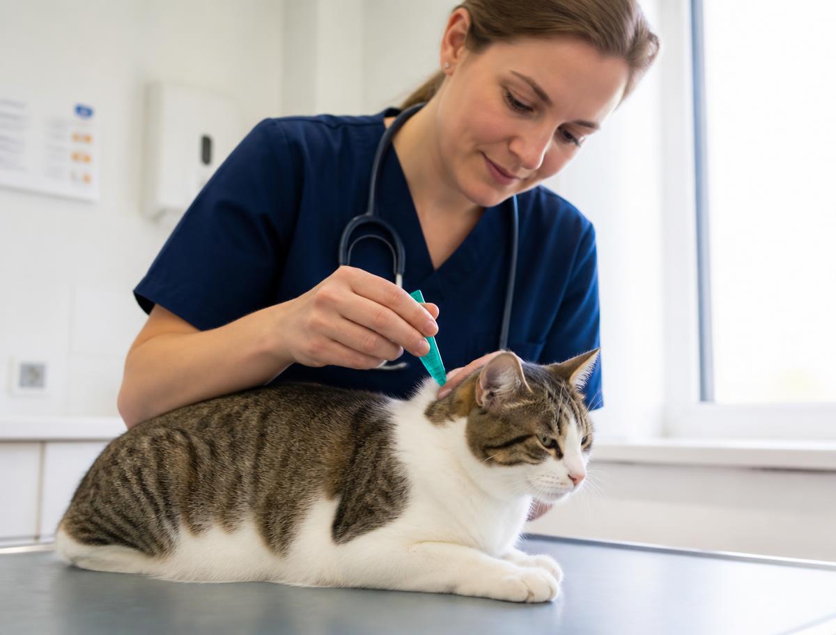 Veterinária a aplicar um tratamento tópico num gato